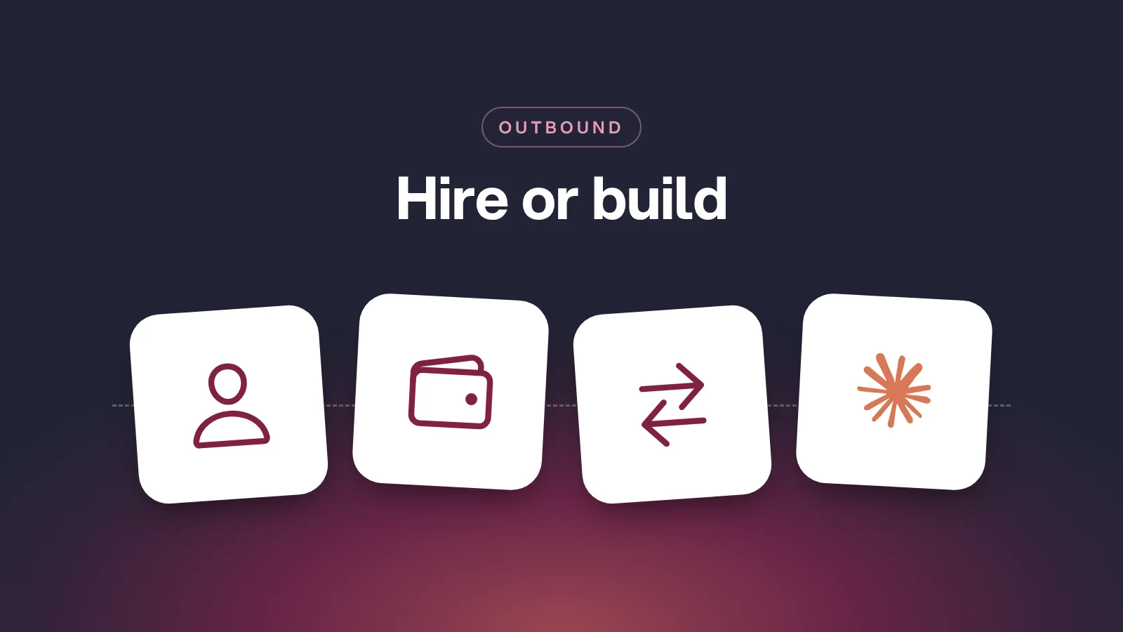 Dark header with the theme Hire or build above white tiles: a person icon, a wallet icon, a two-way arrow and the Claude logo.