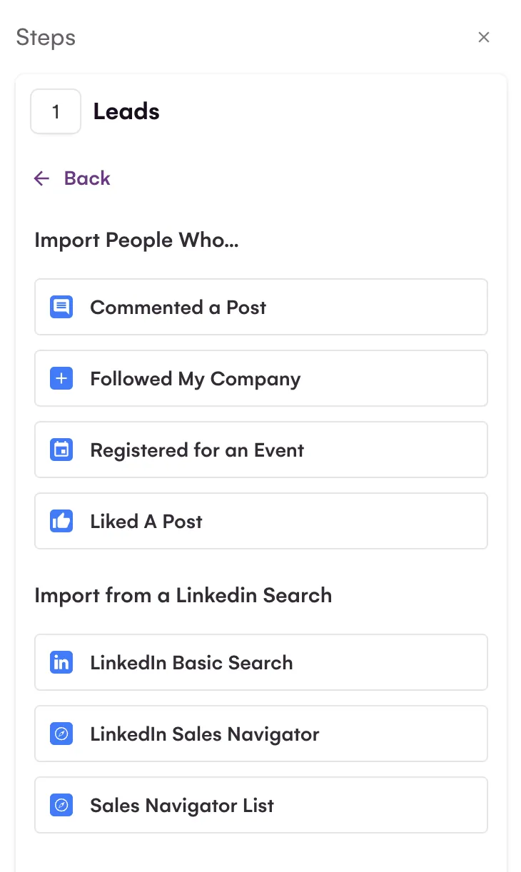 The LinkedIn import sources, with LinkedIn Sales Navigator listed under Import from a LinkedIn Search