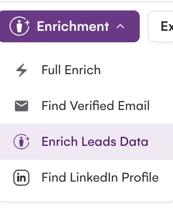 The Enrichment menu: Full Enrich, Find Verified Email, Enrich Leads Data and Find LinkedIn Profile