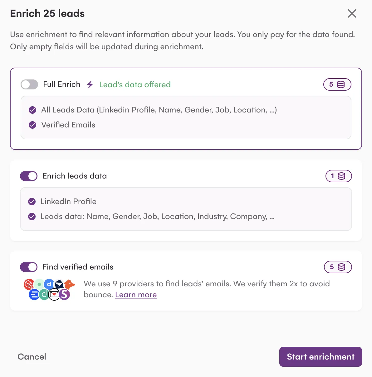 The Enrich leads panel with the Full Enrich, Enrich leads data and Find verified emails options